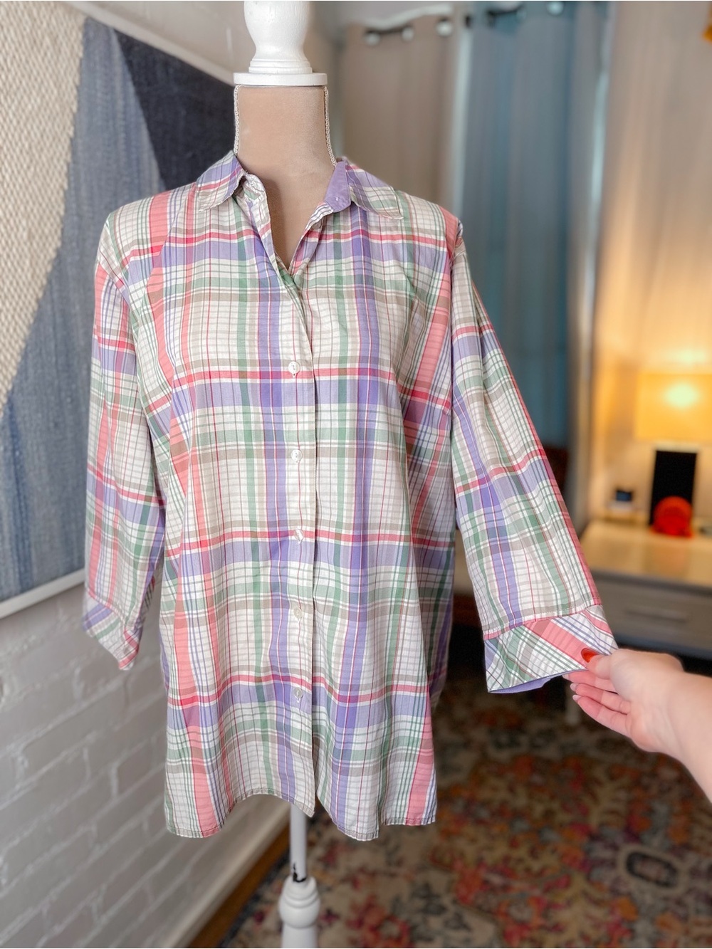 Mountain Lake Woman Pink & Green Soft Pastel Plaid Button Up 3/4 Sleeve Shirt